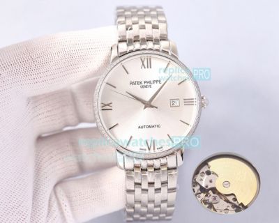 Replica Patek Philippe Calatrava Stainless Steel Strap Silver Face Diamonds Bezel Watch 42mm